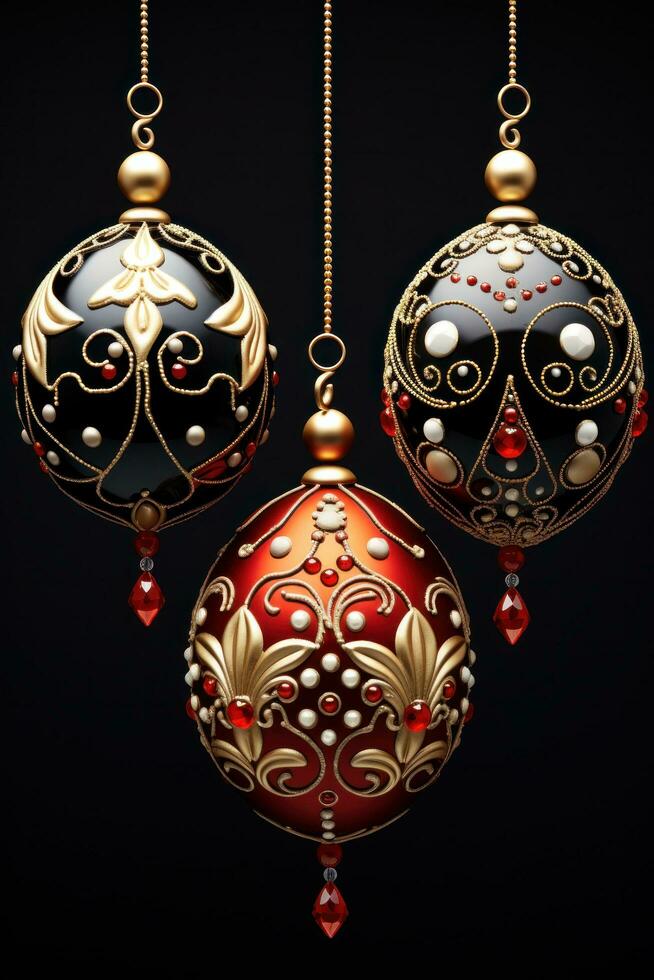 Elegant ornaments. Gold, silver, and red ornaments on a black background photo