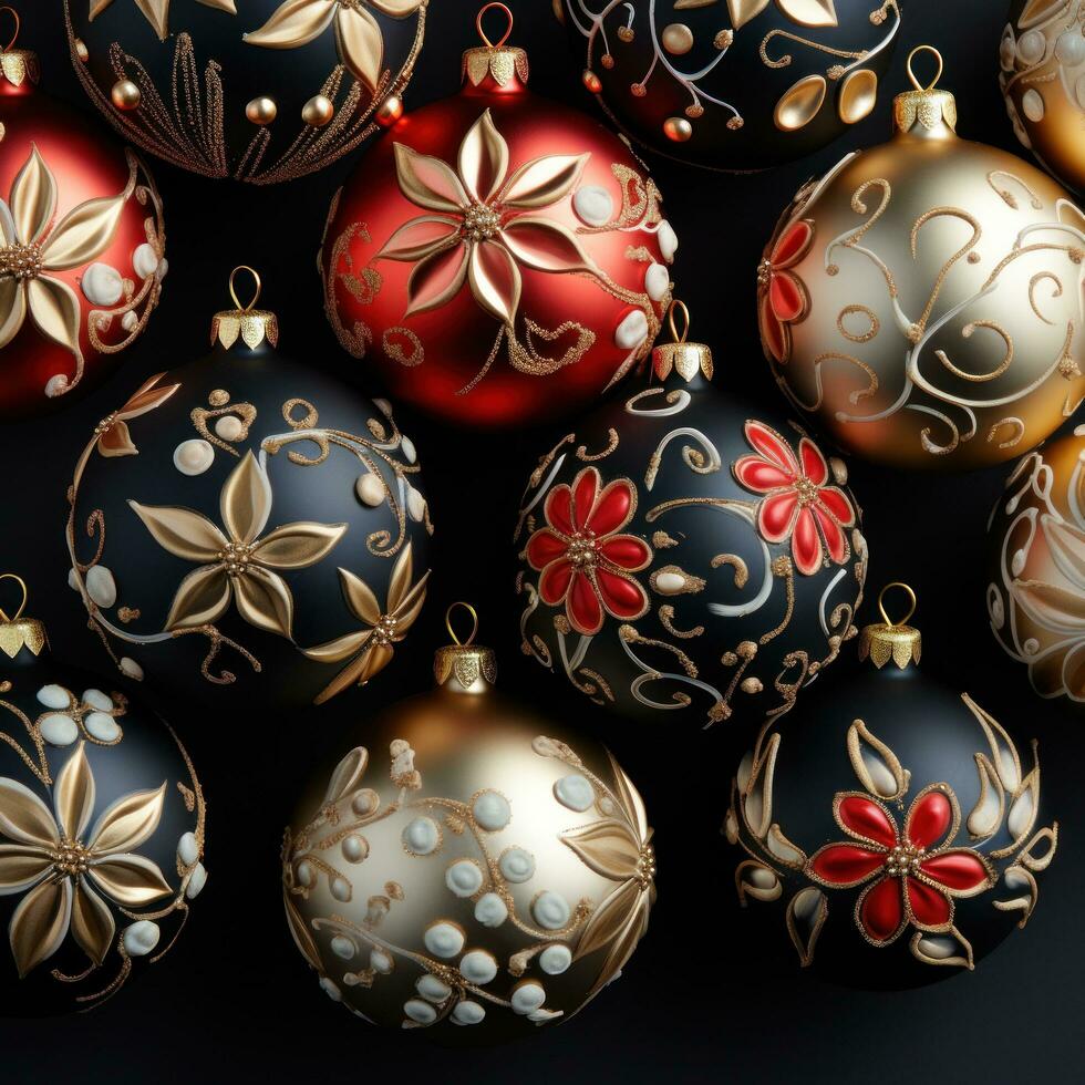 Elegant ornaments. Gold, silver, and red ornaments on a black background photo