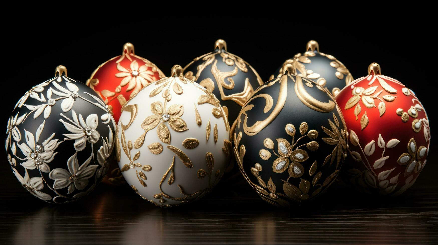 Elegant ornaments. Gold, silver, and red ornaments on a black background photo