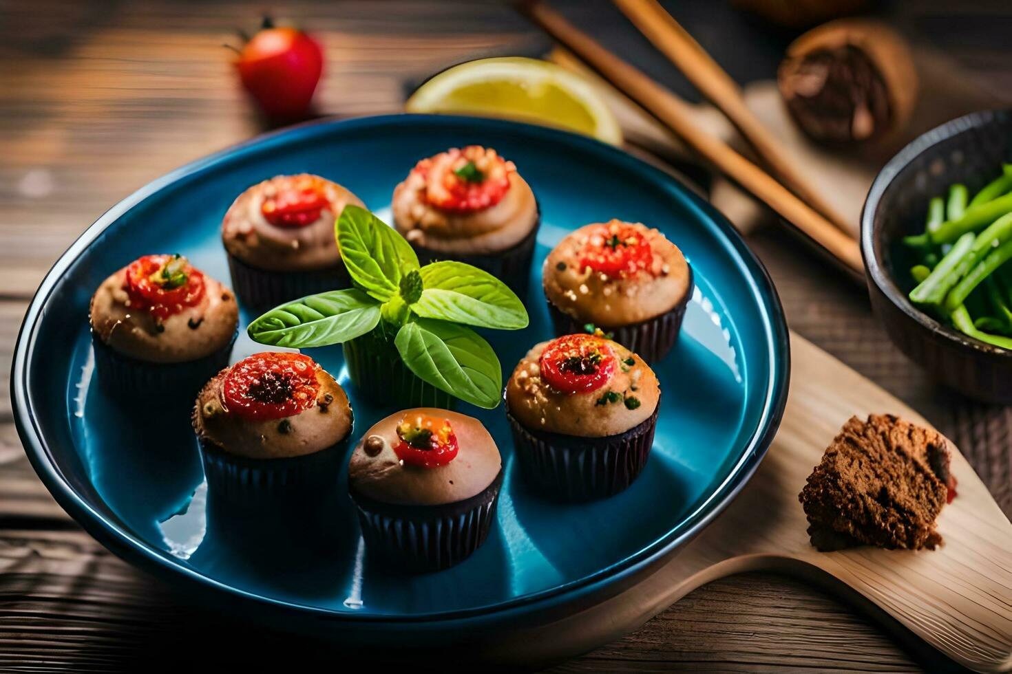 cupcakes with strawberries and mint on a blue plate. AI-Generated photo