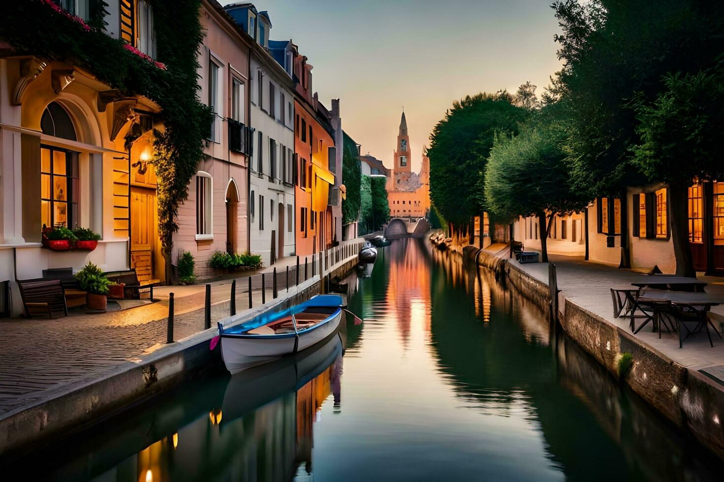 a canal in a city at sunset with boats. AI-Generated photo