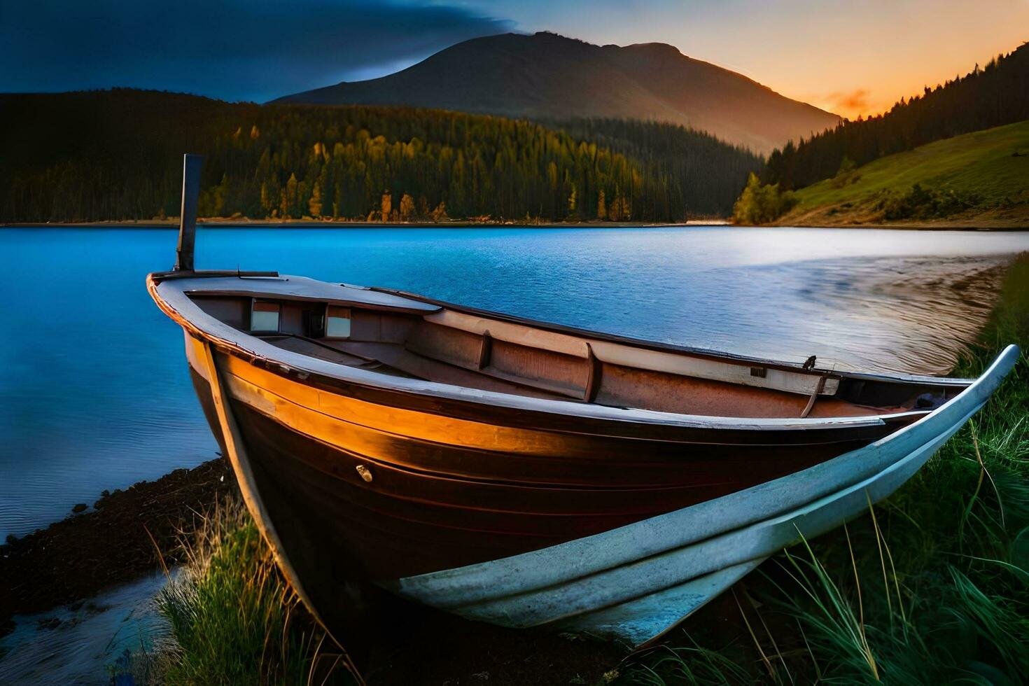 a boat sits on the shore of a lake at sunset. AI-Generated photo