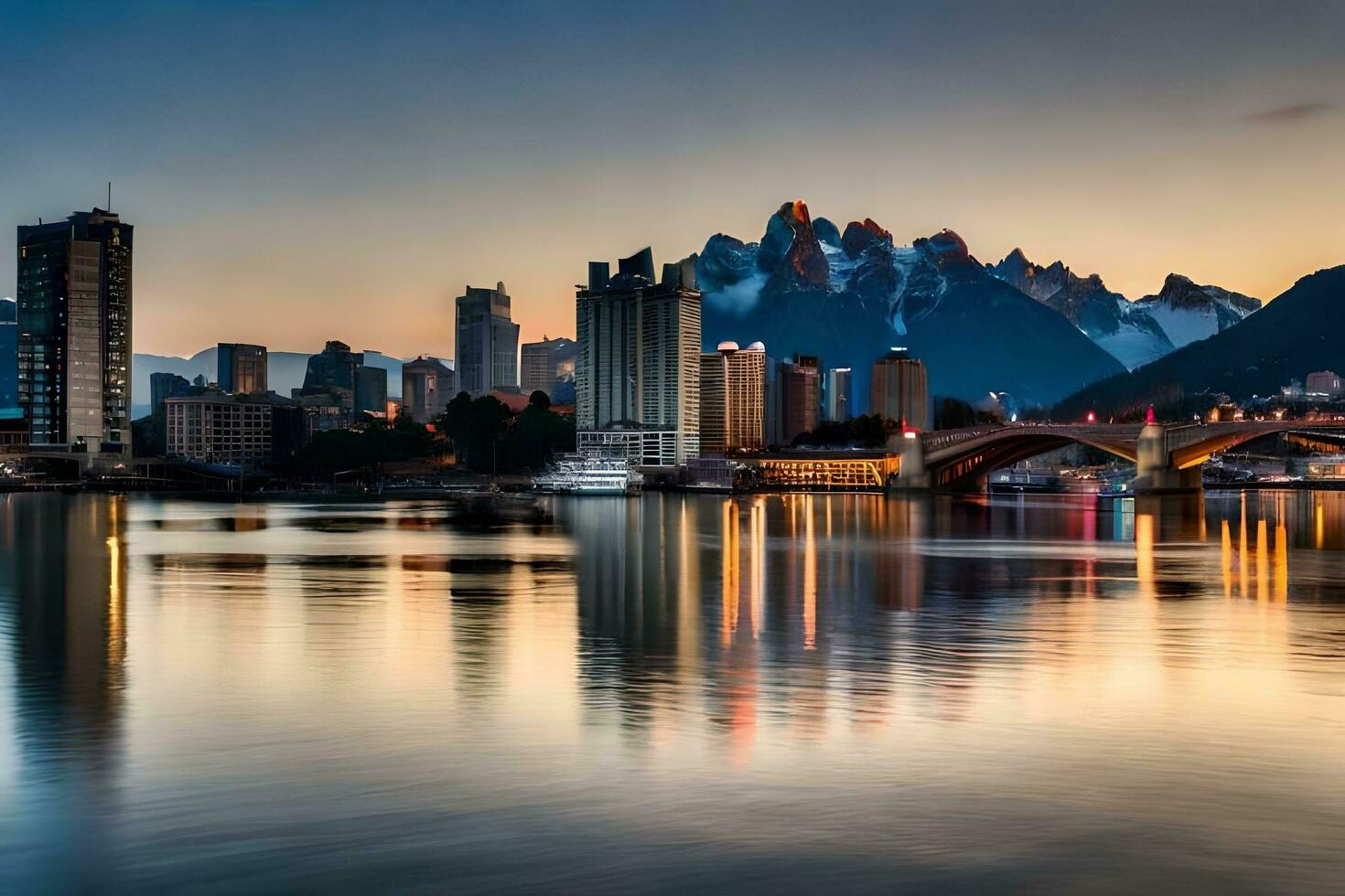 el ciudad horizonte es reflejado en el agua a puesta de sol. generado por ai foto