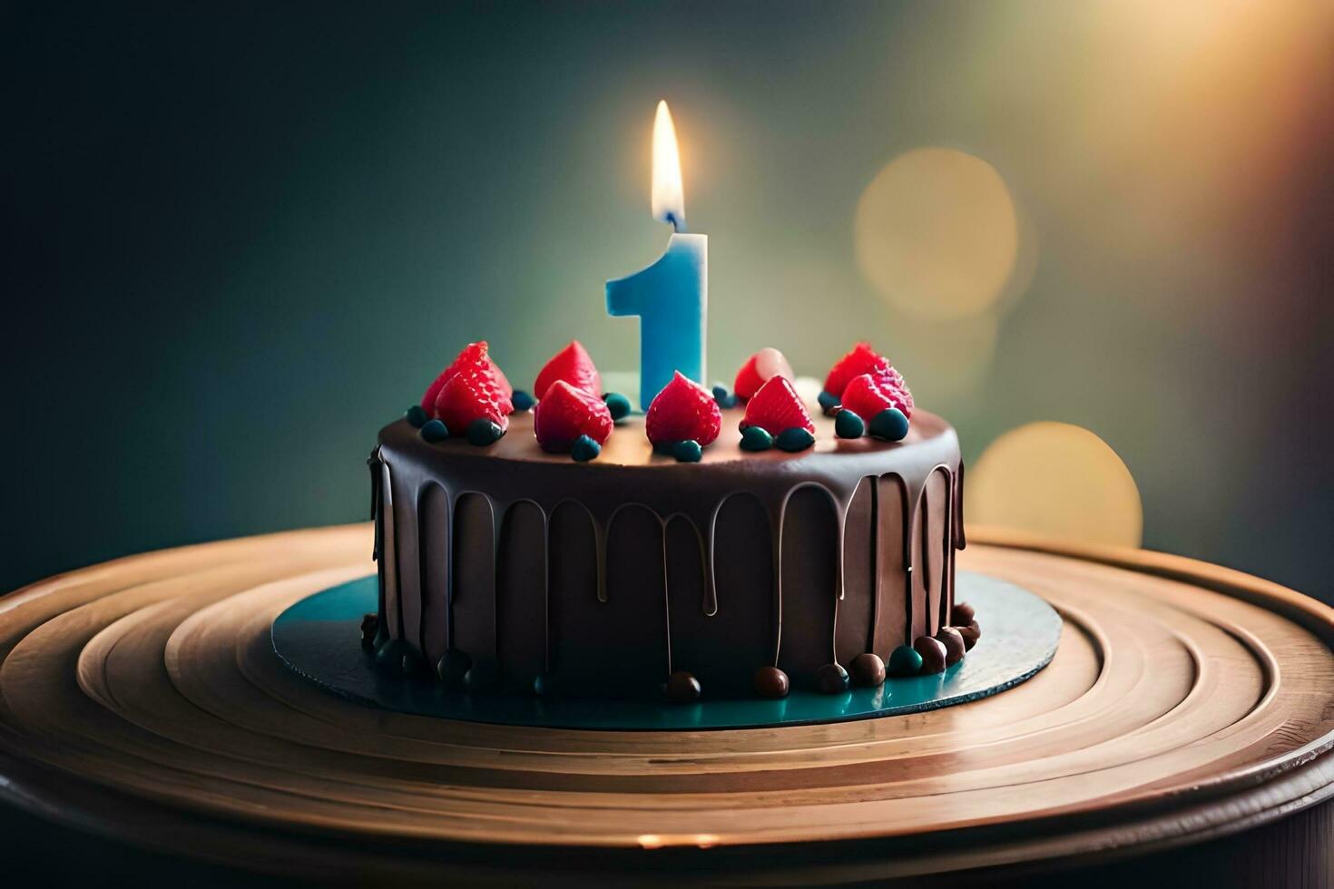 a chocolate birthday cake with a lit candle on top. AI-Generated photo