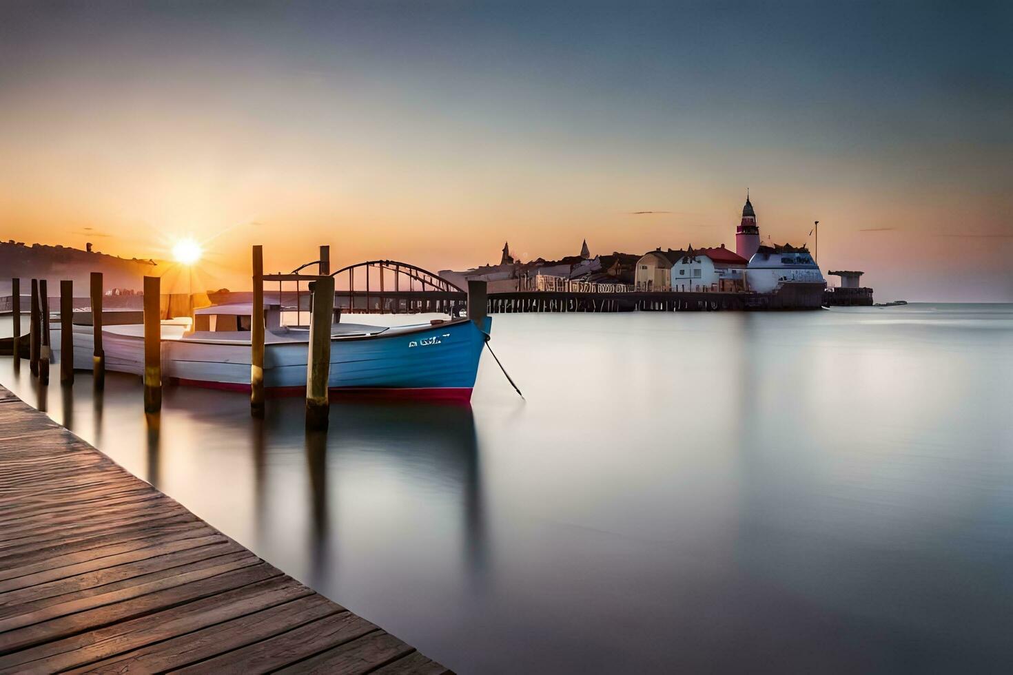 un barco se sienta en el muelle a puesta de sol. generado por ai foto