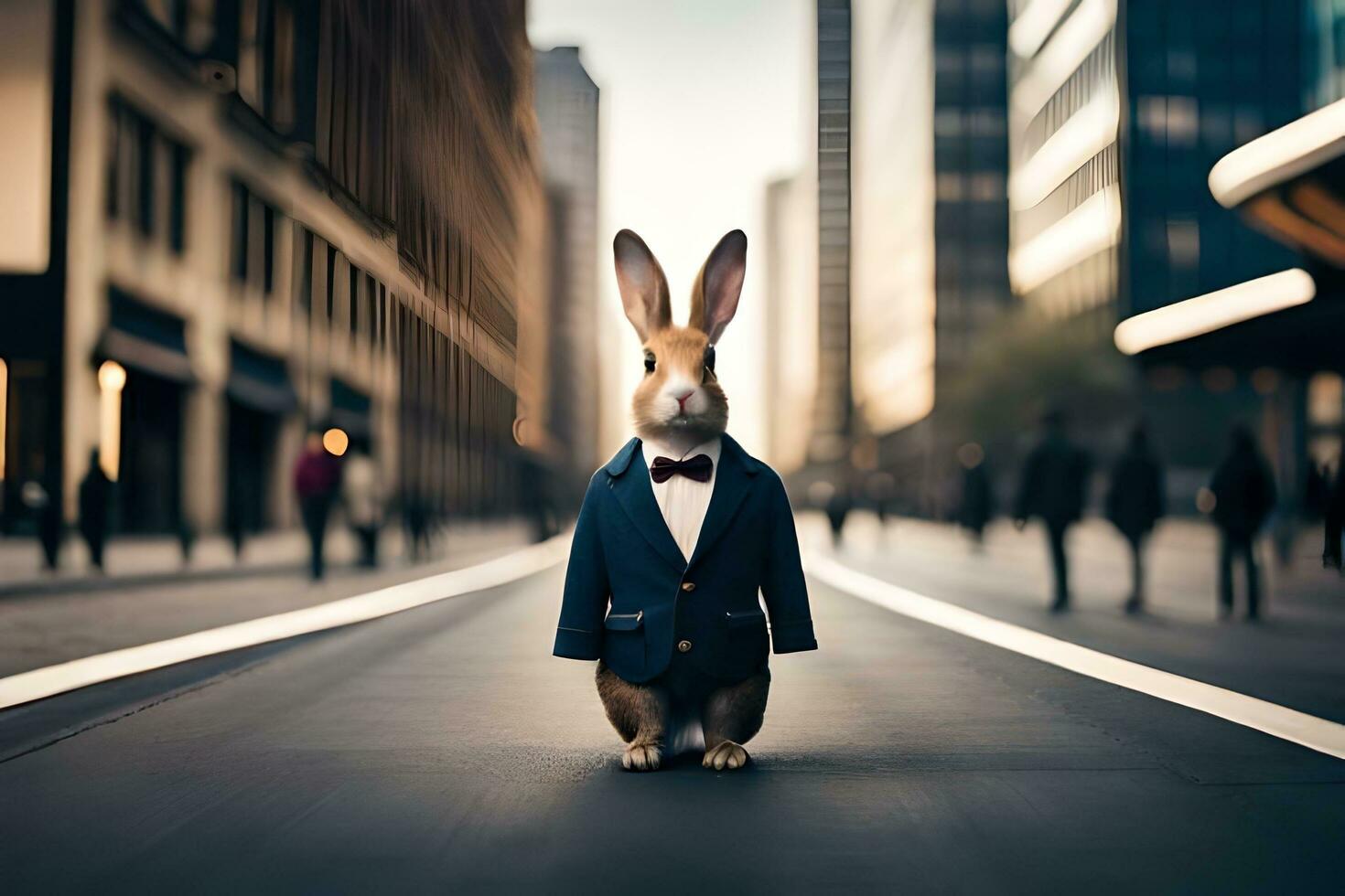 a rabbit wearing a suit and tie standing in the middle of a city street. AI-Generated photo