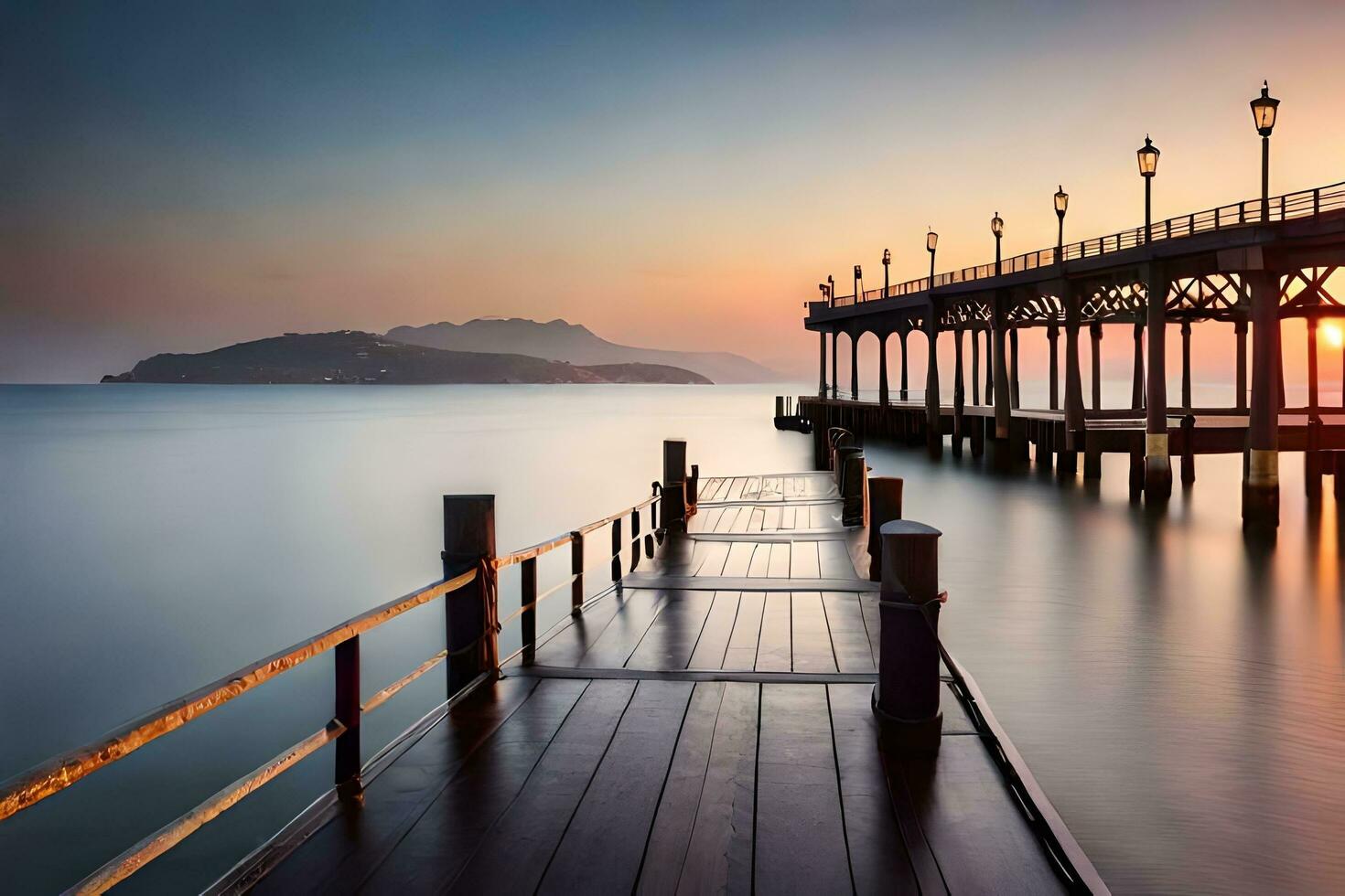 un muelle a puesta de sol con un largo exposición. generado por ai foto