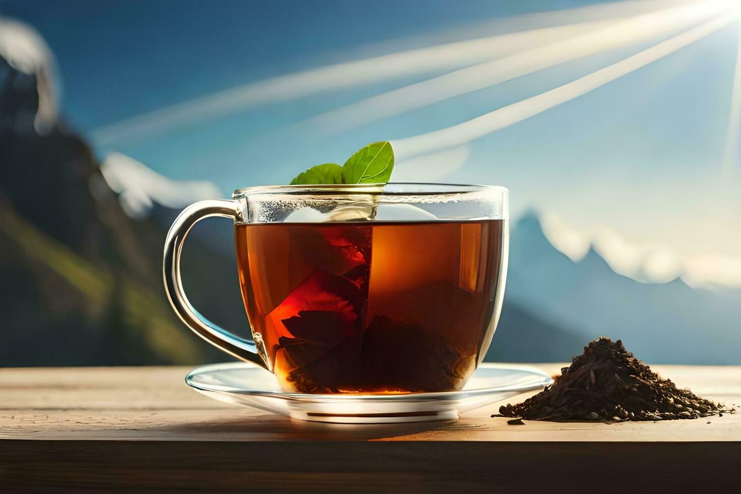 a cup of tea with a mountain view. AI-Generated photo