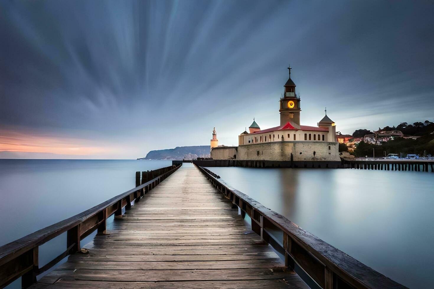 a long pier with a clock tower in the distance. AI-Generated photo