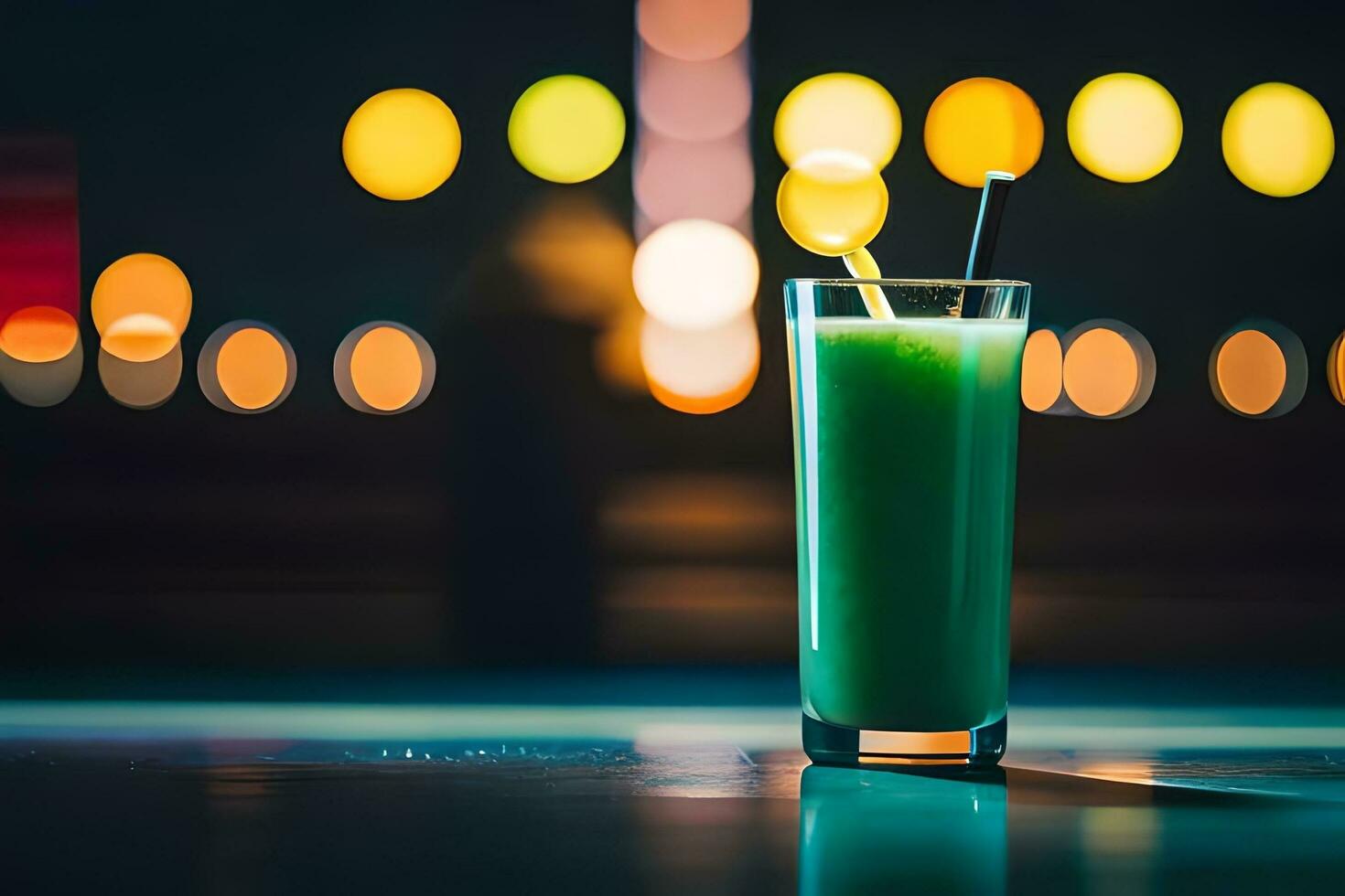 un verde bebida sentado en un mesa en frente de un borroso antecedentes. generado por ai foto