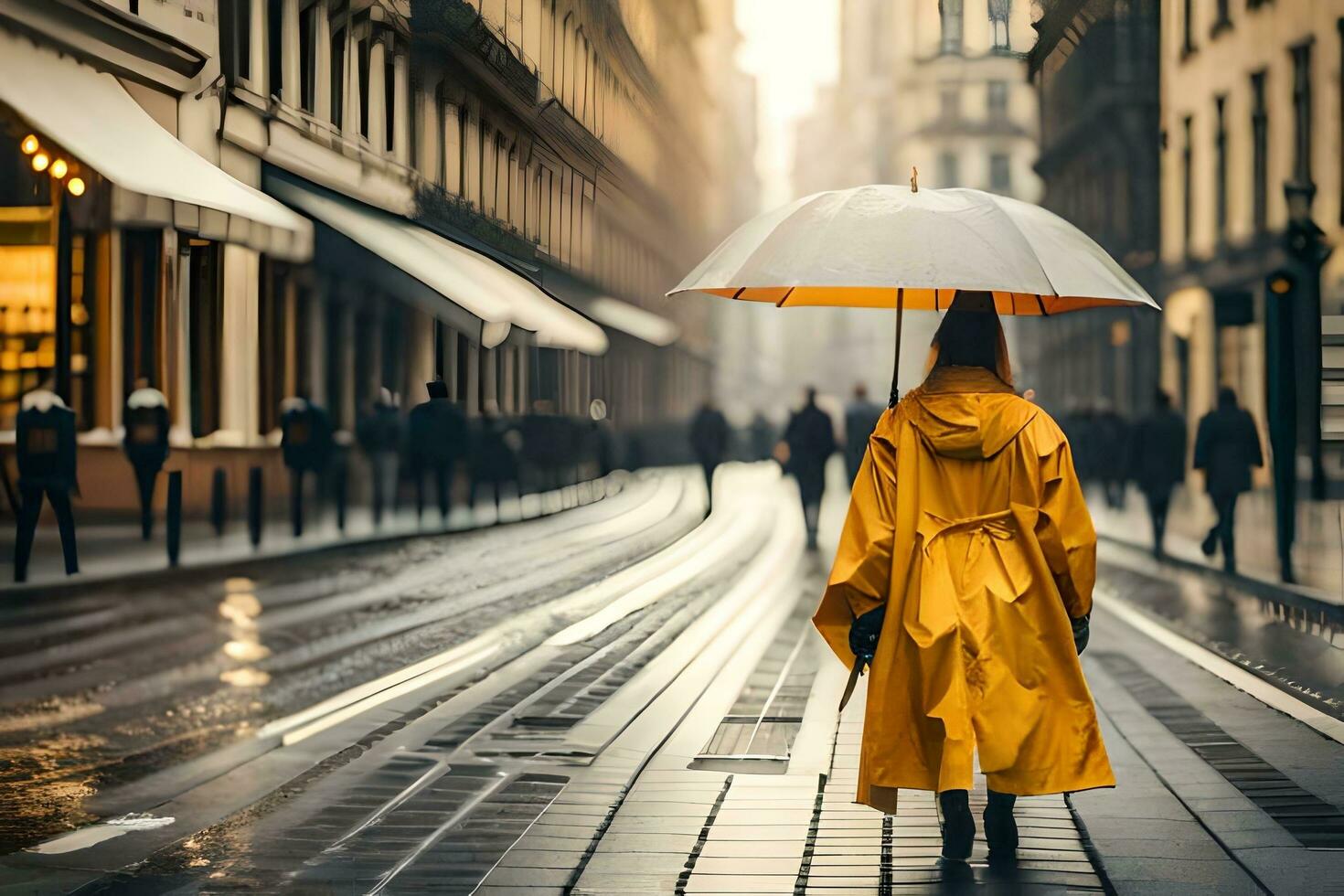 a person walking down a street with an umbrella. AI-Generated photo