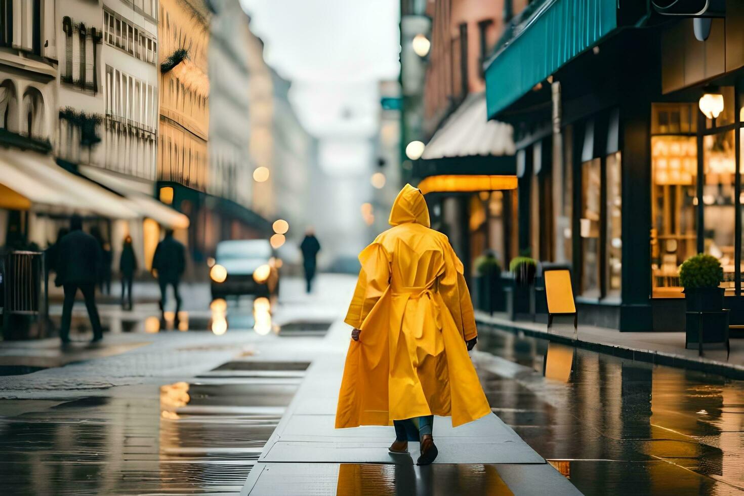a person walking down a wet street in a yellow raincoat. AI-Generated photo