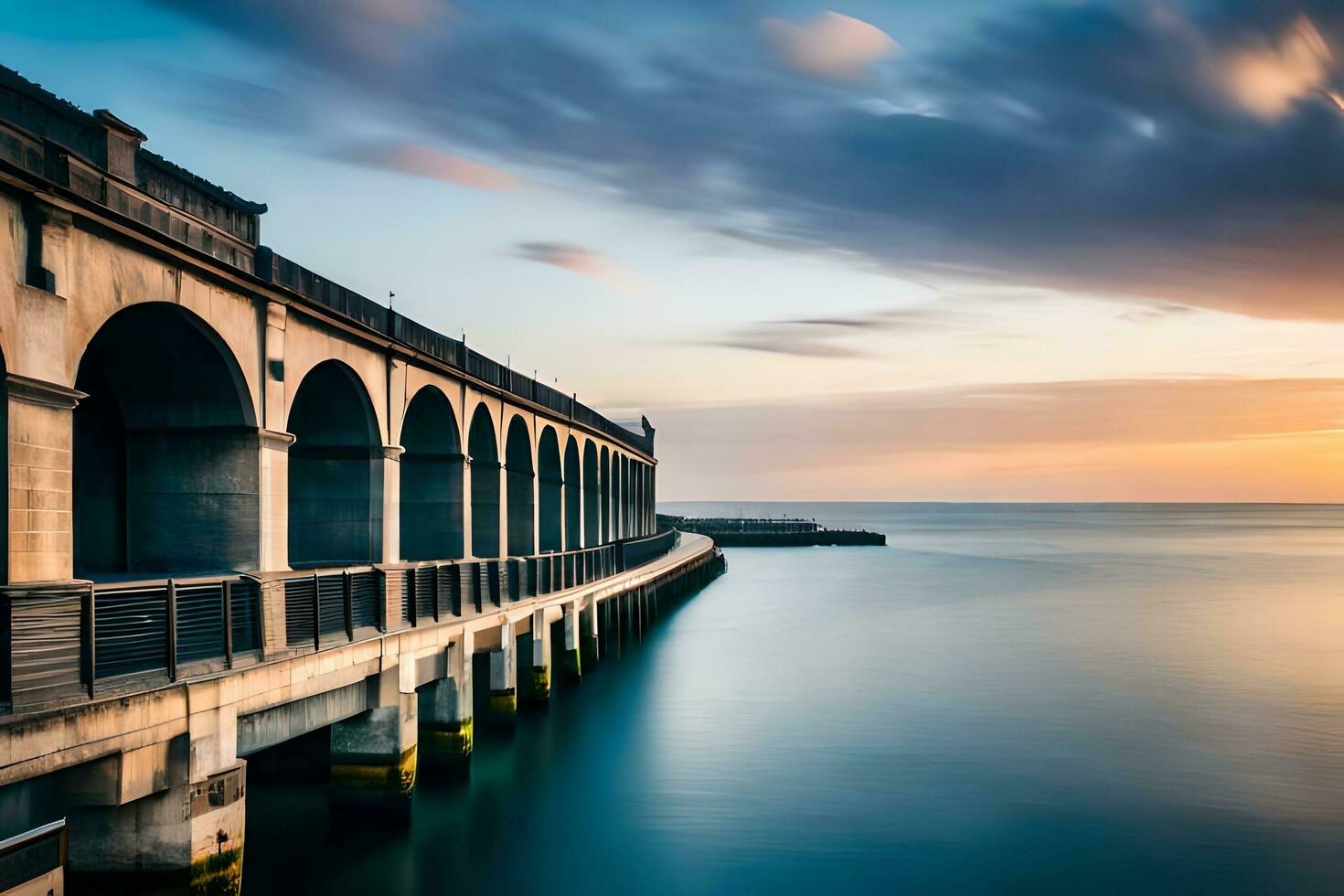 a long exposure photograph of a pier at sunset. AI-Generated photo