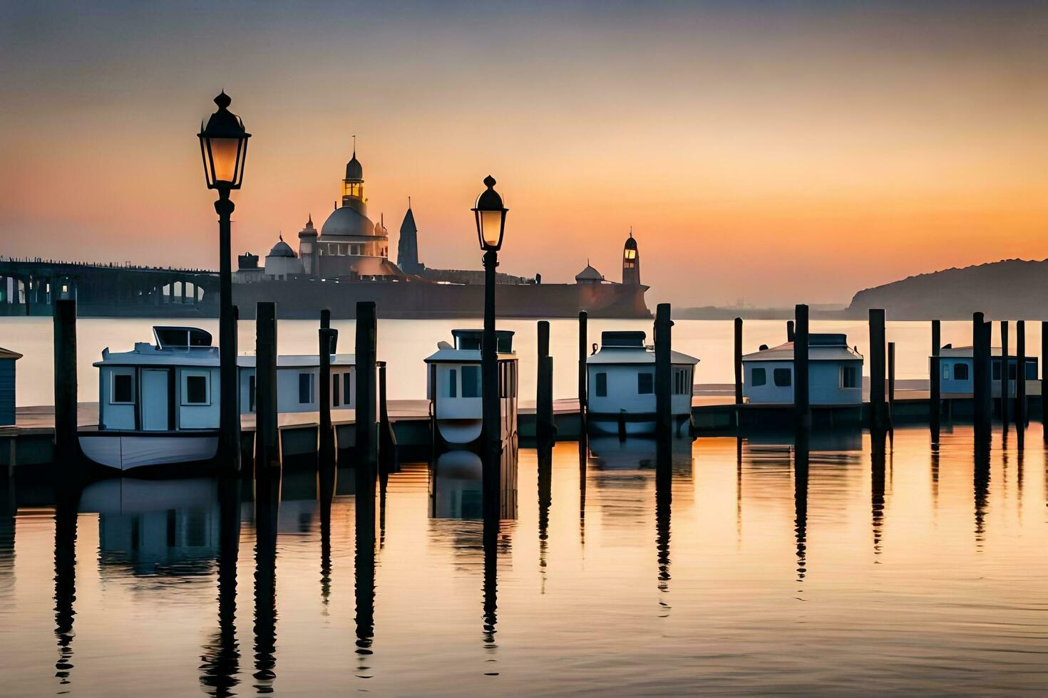 a boat dock with several small houses and a church at sunset. AI-Generated photo