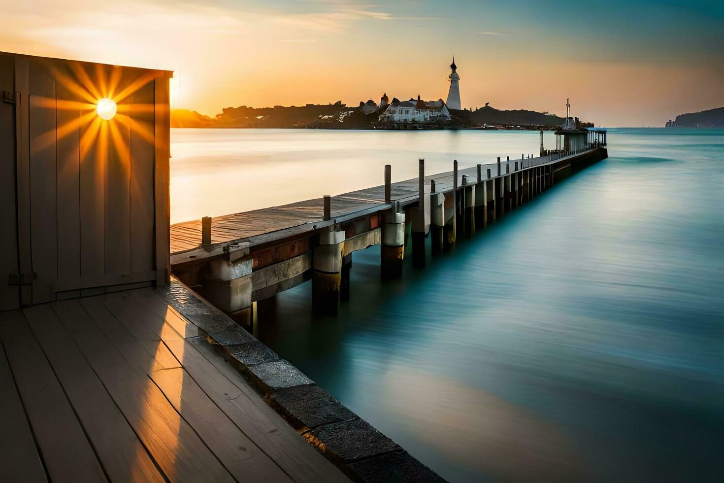 a pier with a lighthouse at sunset. AI-Generated photo