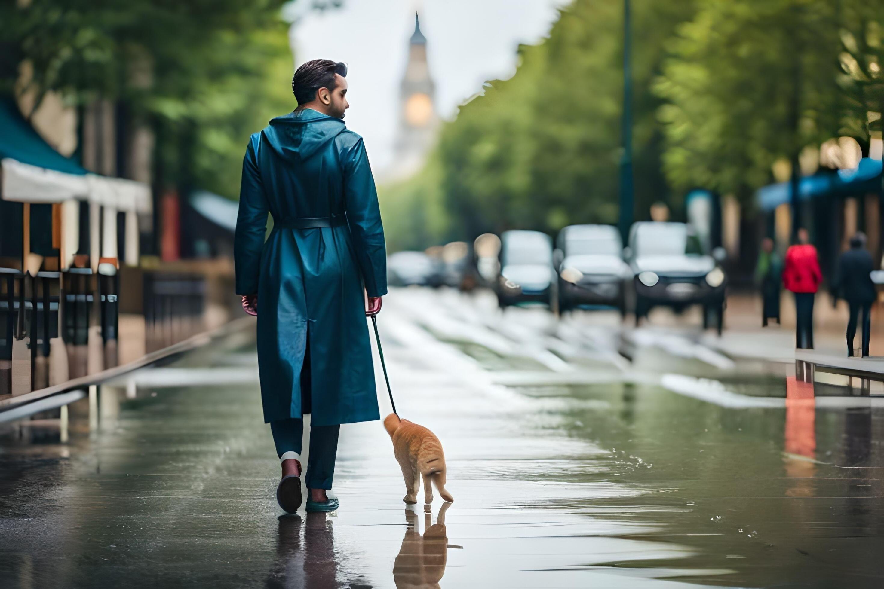 man walking dog in rain with umbrella. AIGenerated 30054493 Stock
