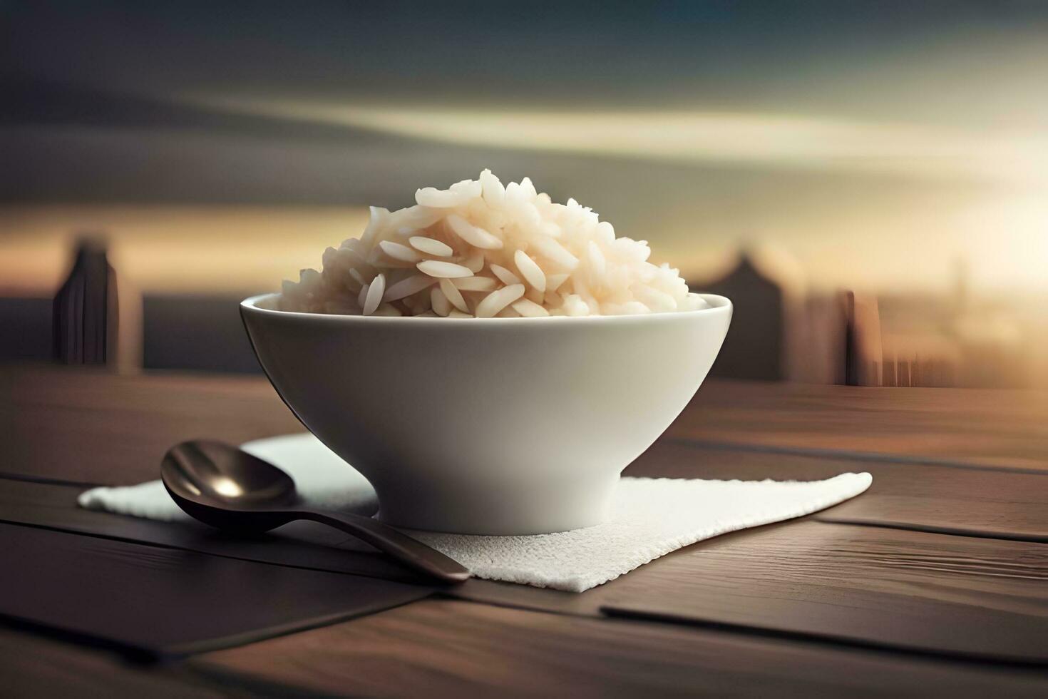 rice in bowl on table with cityscape in background. AI-Generated photo
