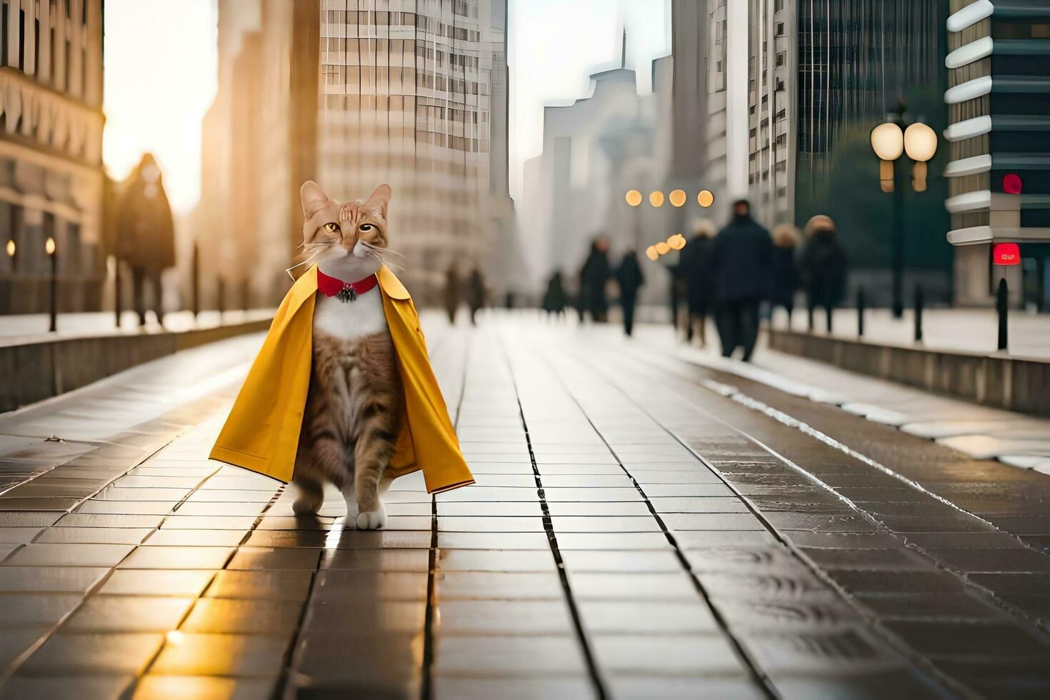 a cat wearing a yellow cape walks down a city street. AI-Generated photo