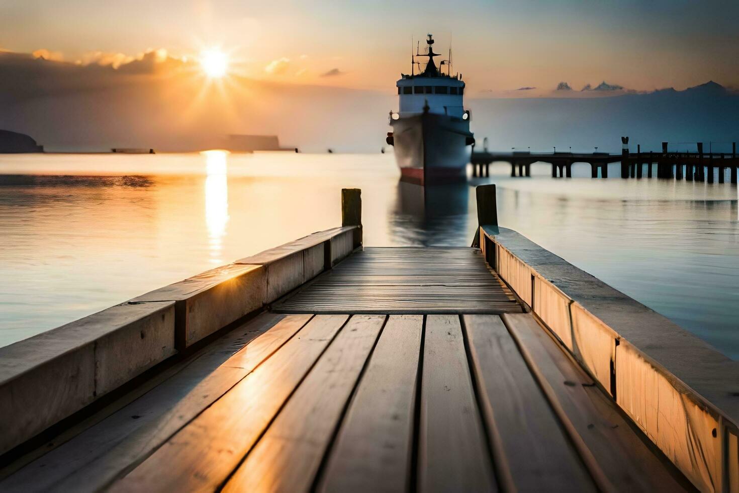 a wooden dock at sunset with a boat in the distance. AI-Generated photo