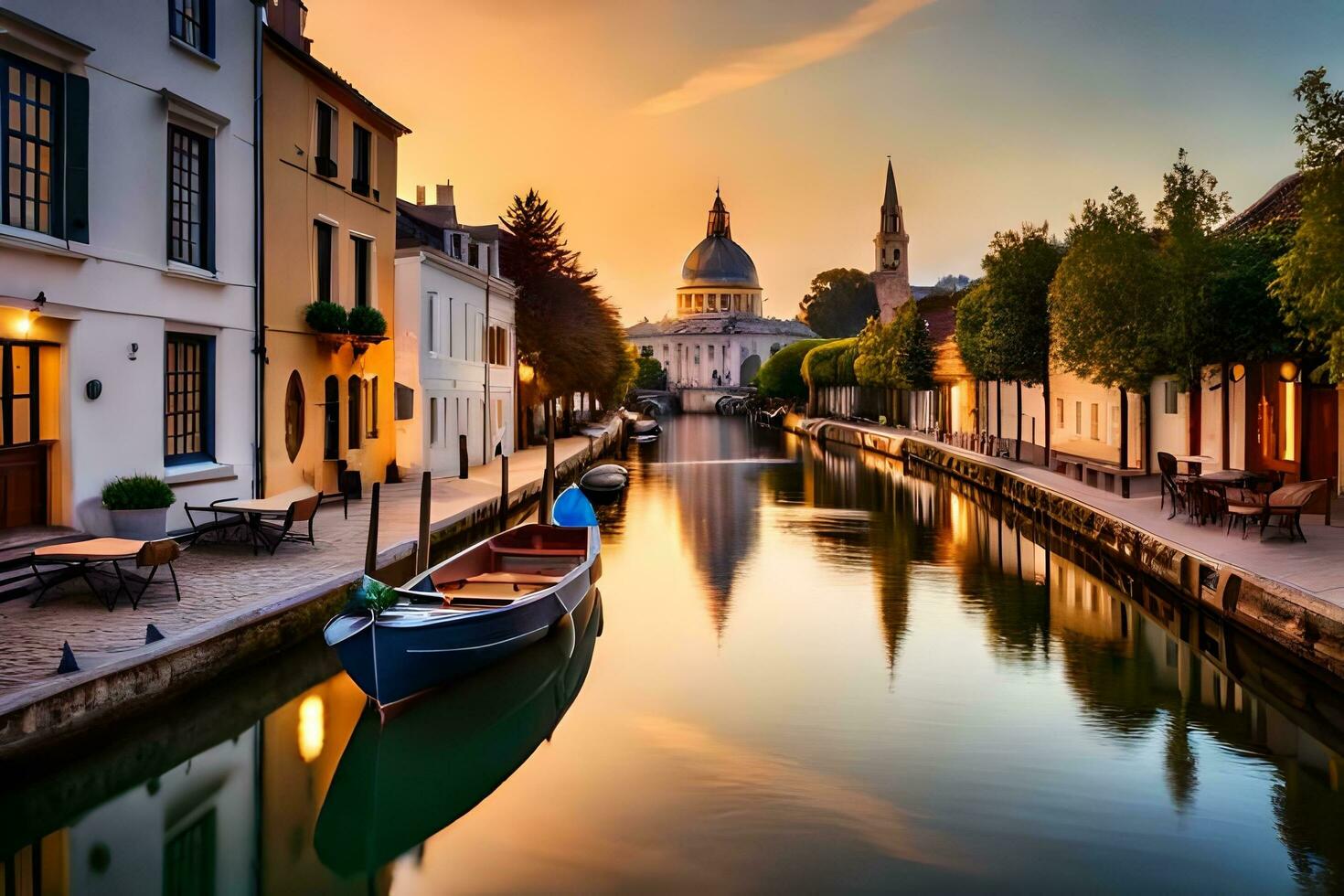 a canal with boats in front of a church. AI-Generated photo