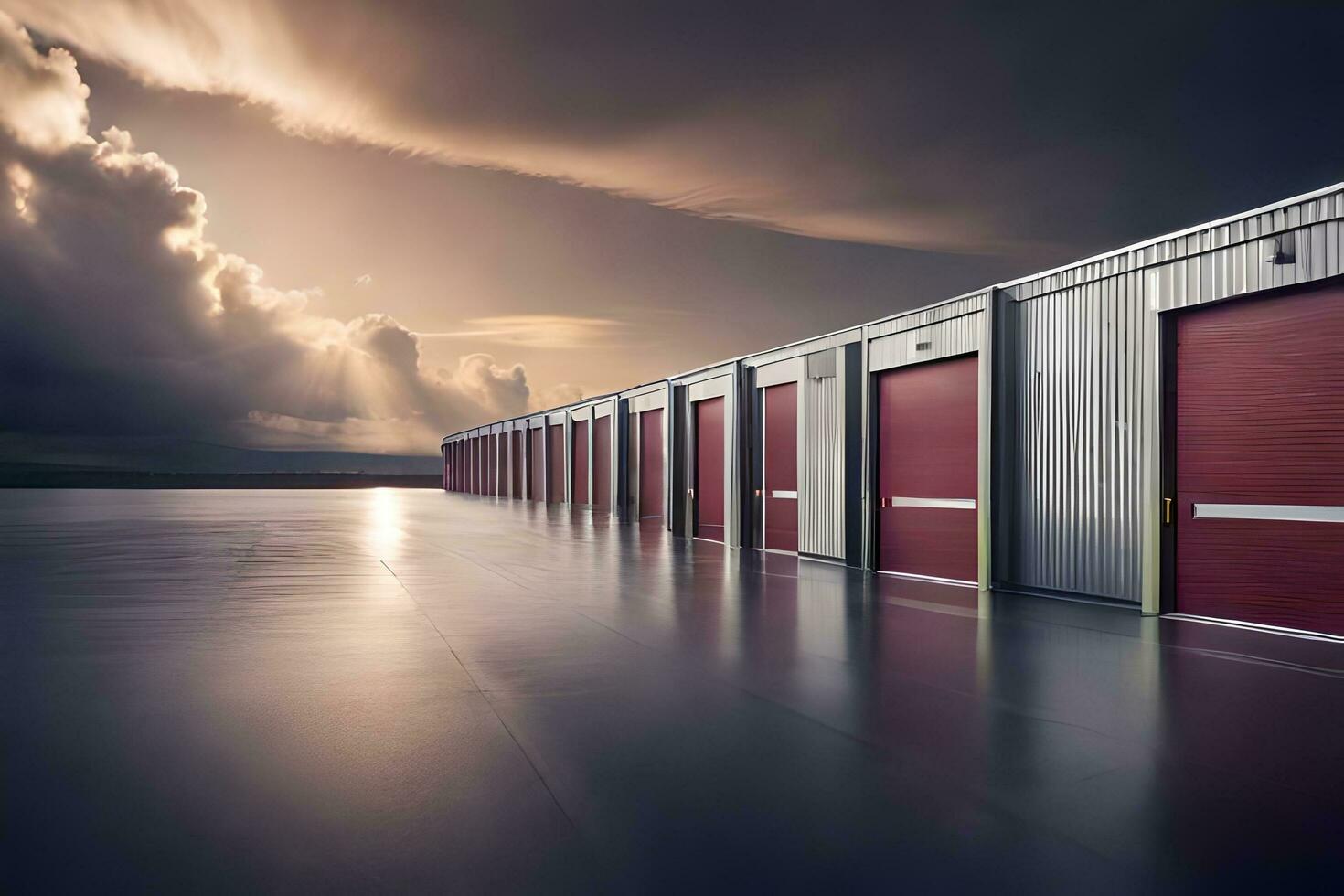 storage units with red doors and cloudy sky. AI-Generated photo