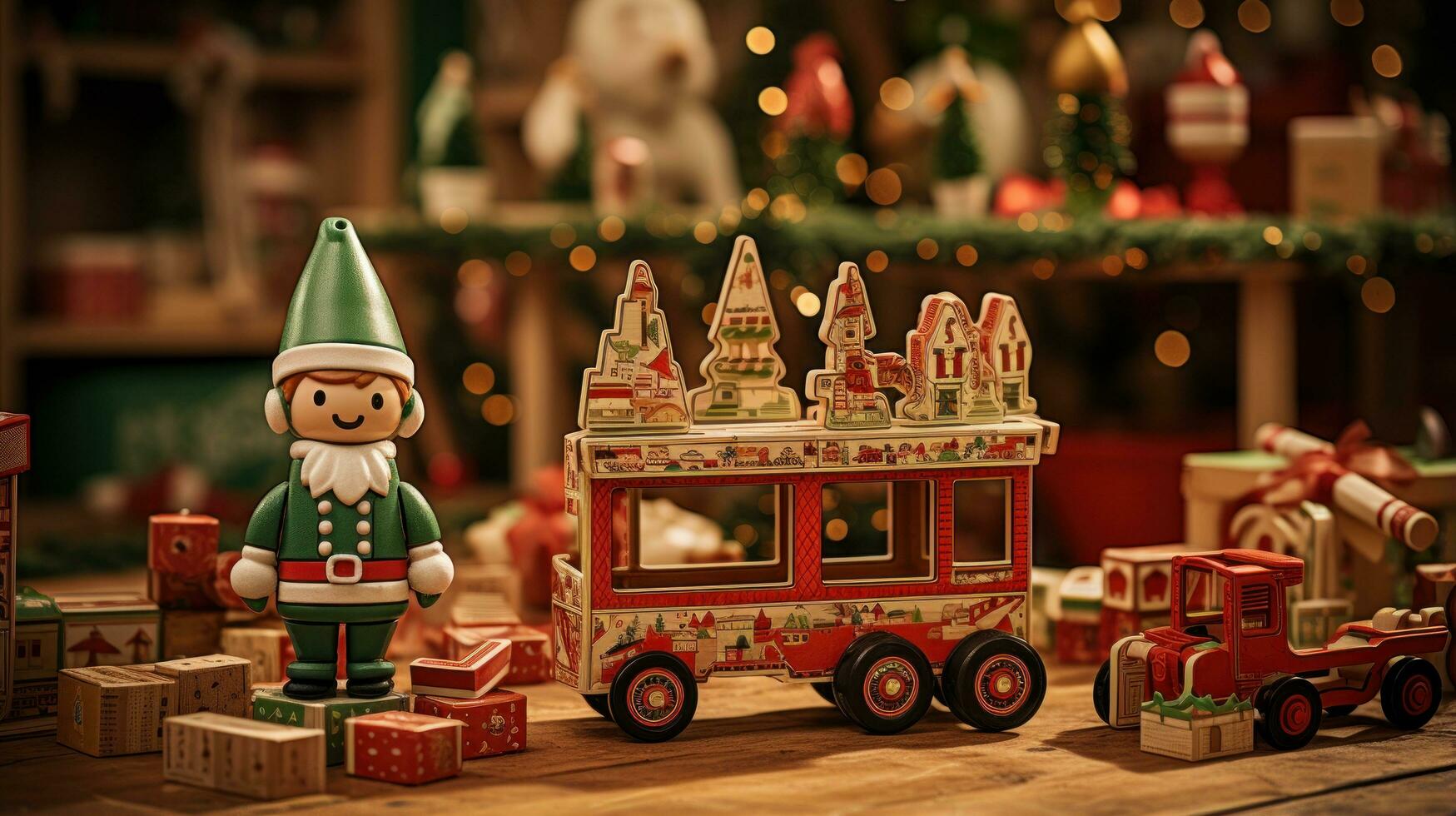 Santa's workshop. Red and green toys, presents, and elves. photo