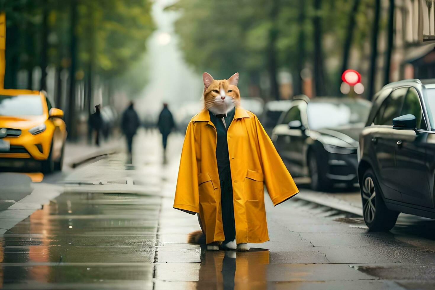 a cat in a yellow raincoat standing on a city street. AI-Generated photo