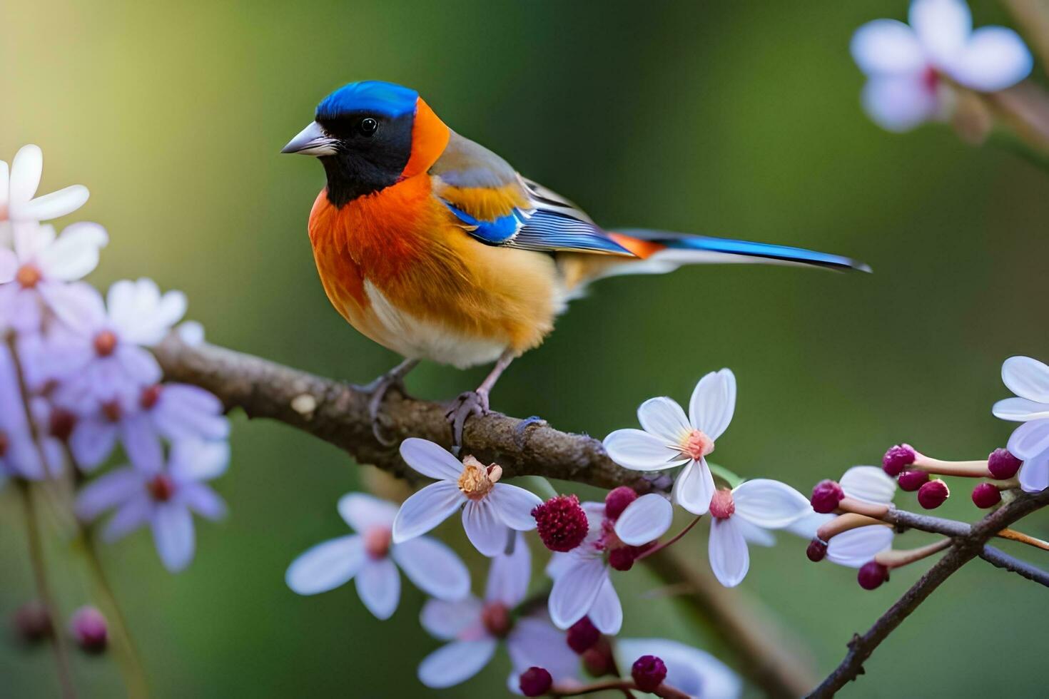 a colorful bird sits on a branch with flowers. AI-Generated photo