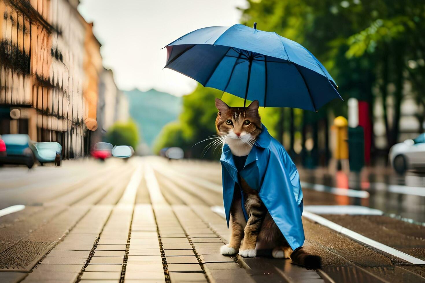 un gato en un azul impermeable sentado en el calle. generado por ai foto