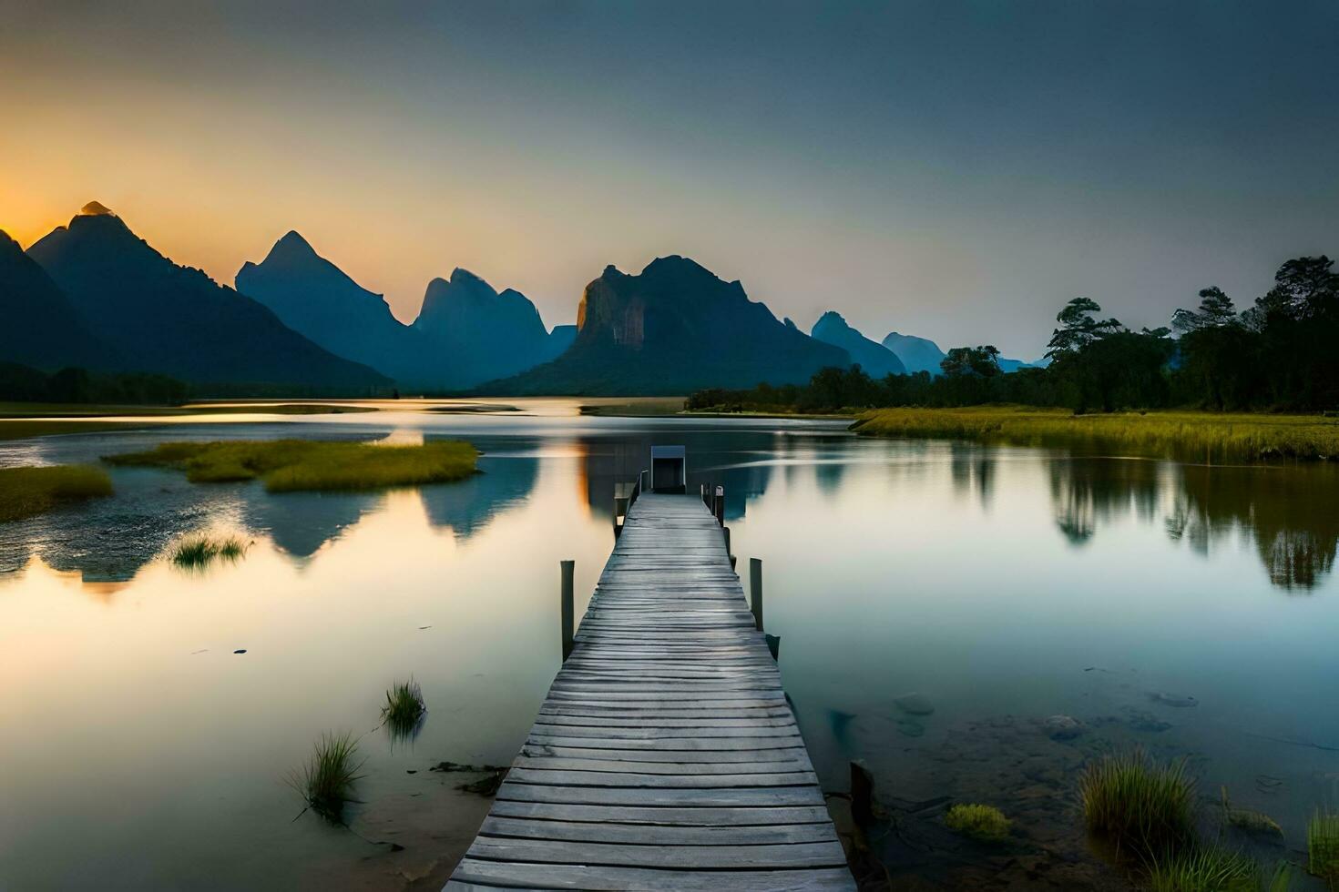 a wooden pier leads to a lake and mountains. AI-Generated photo