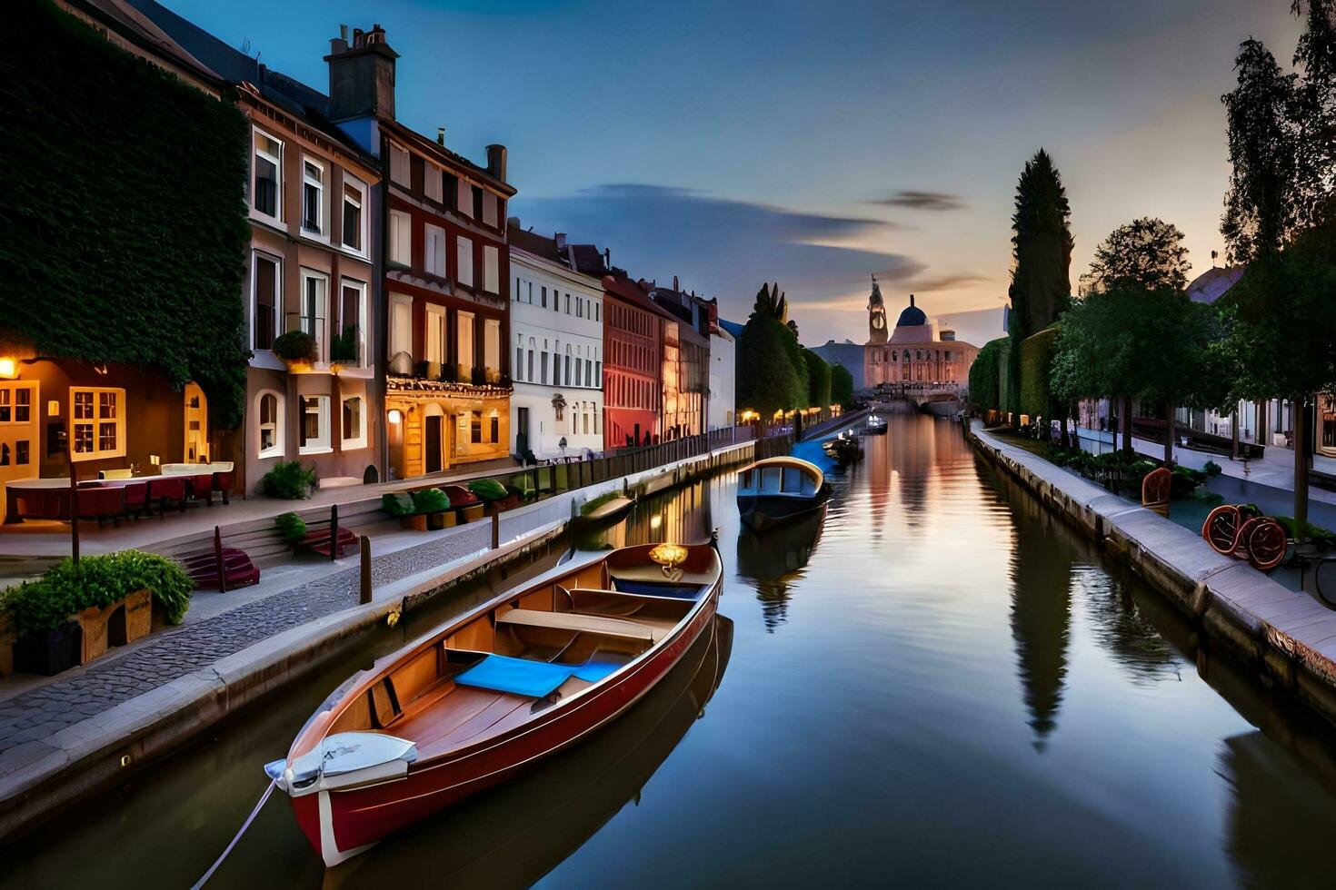 boats are docked in a canal at sunset. AI-Generated photo