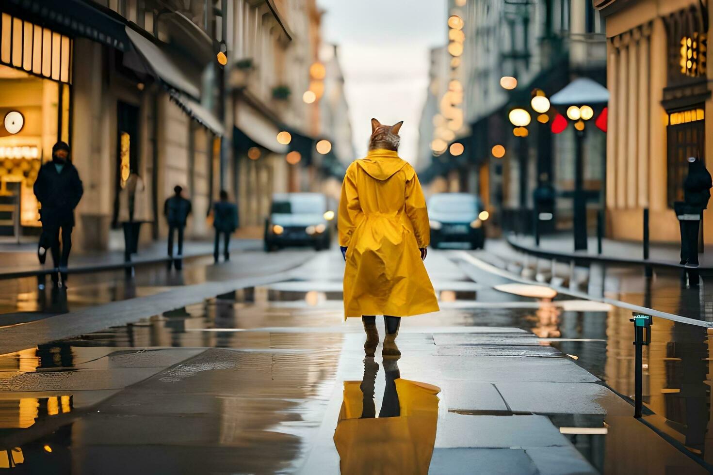 a woman in a yellow raincoat walking down a street. AI-Generated photo