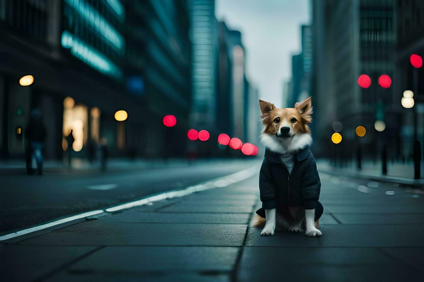 a dog wearing a jacket sits on the street. AI-Generated photo