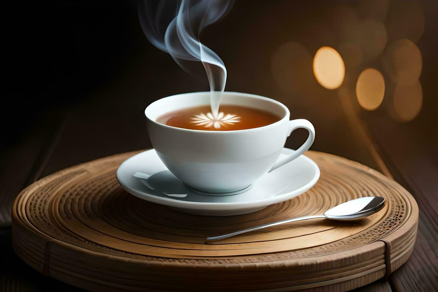 a cup of tea with smoke on a wooden table. AI-Generated photo