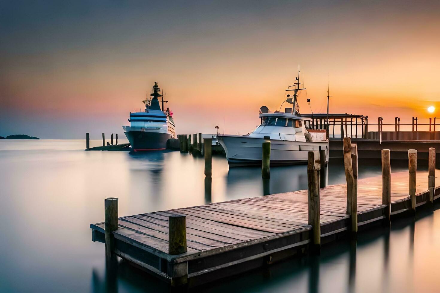 two boats docked at the dock at sunset. AI-Generated photo