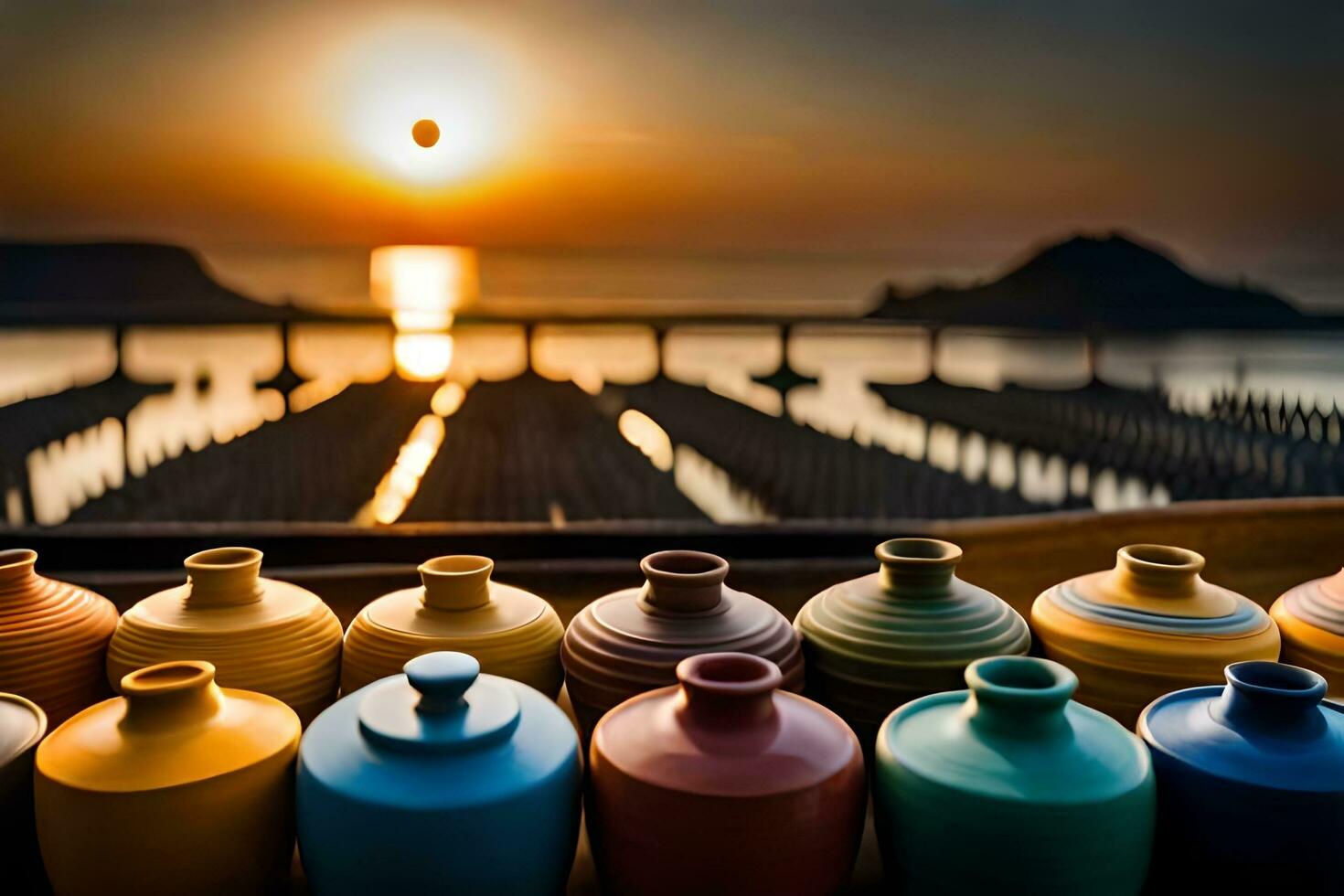 a row of colorful vases sitting on a table. AI-Generated photo