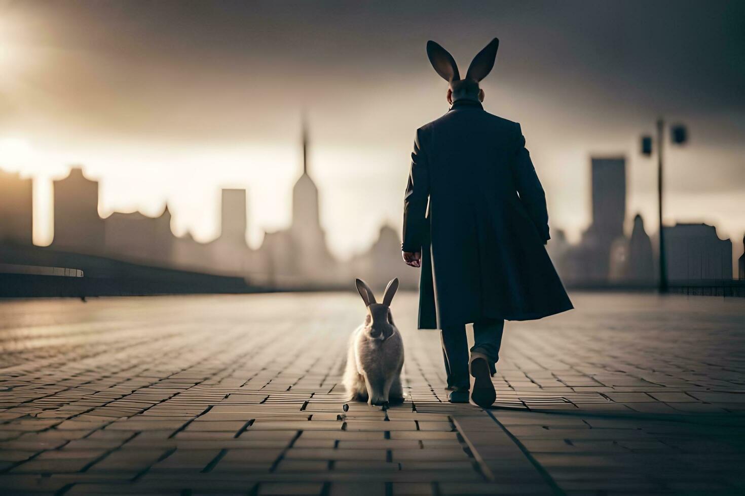 un hombre en un Saco y Conejo orejas caminando con un perro. generado por ai foto