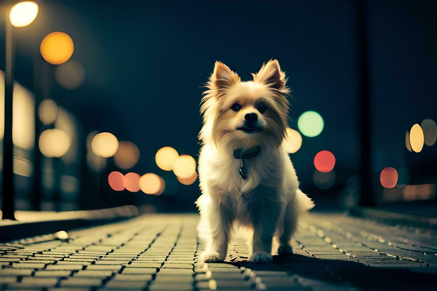 a small dog standing on a street at night. AI-Generated photo