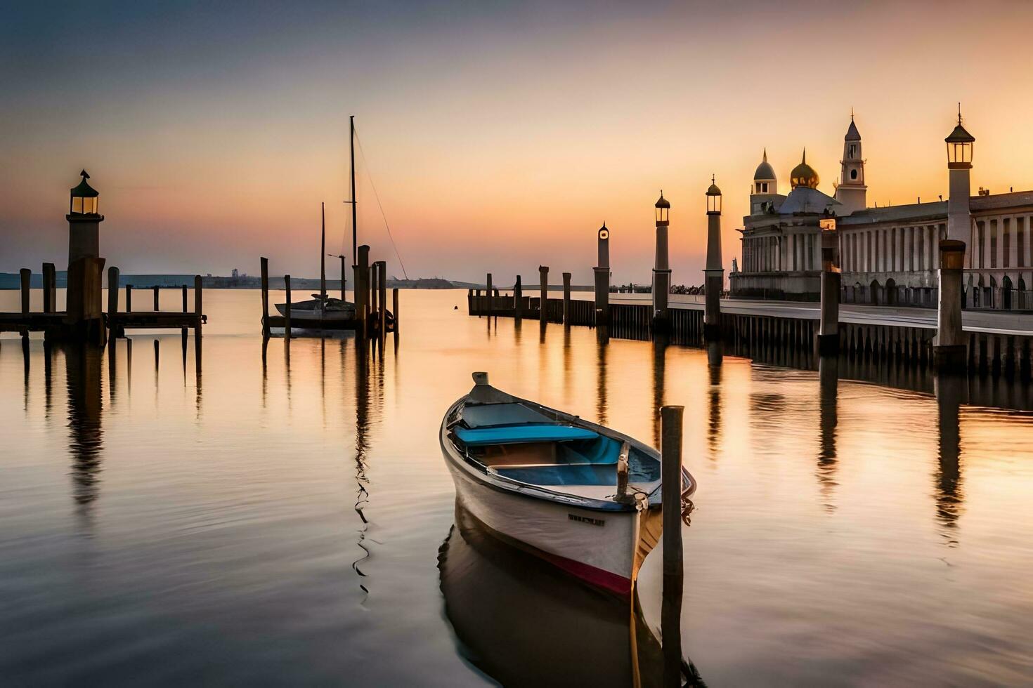 a boat sits on the water at sunset. AI-Generated photo