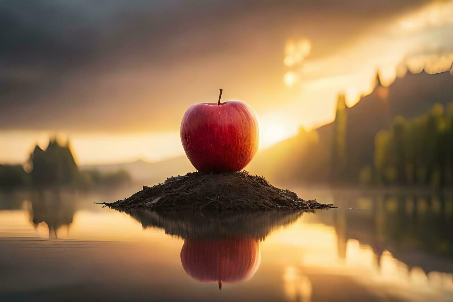 un manzana es sentado en parte superior de un rock en el agua. generado por ai foto