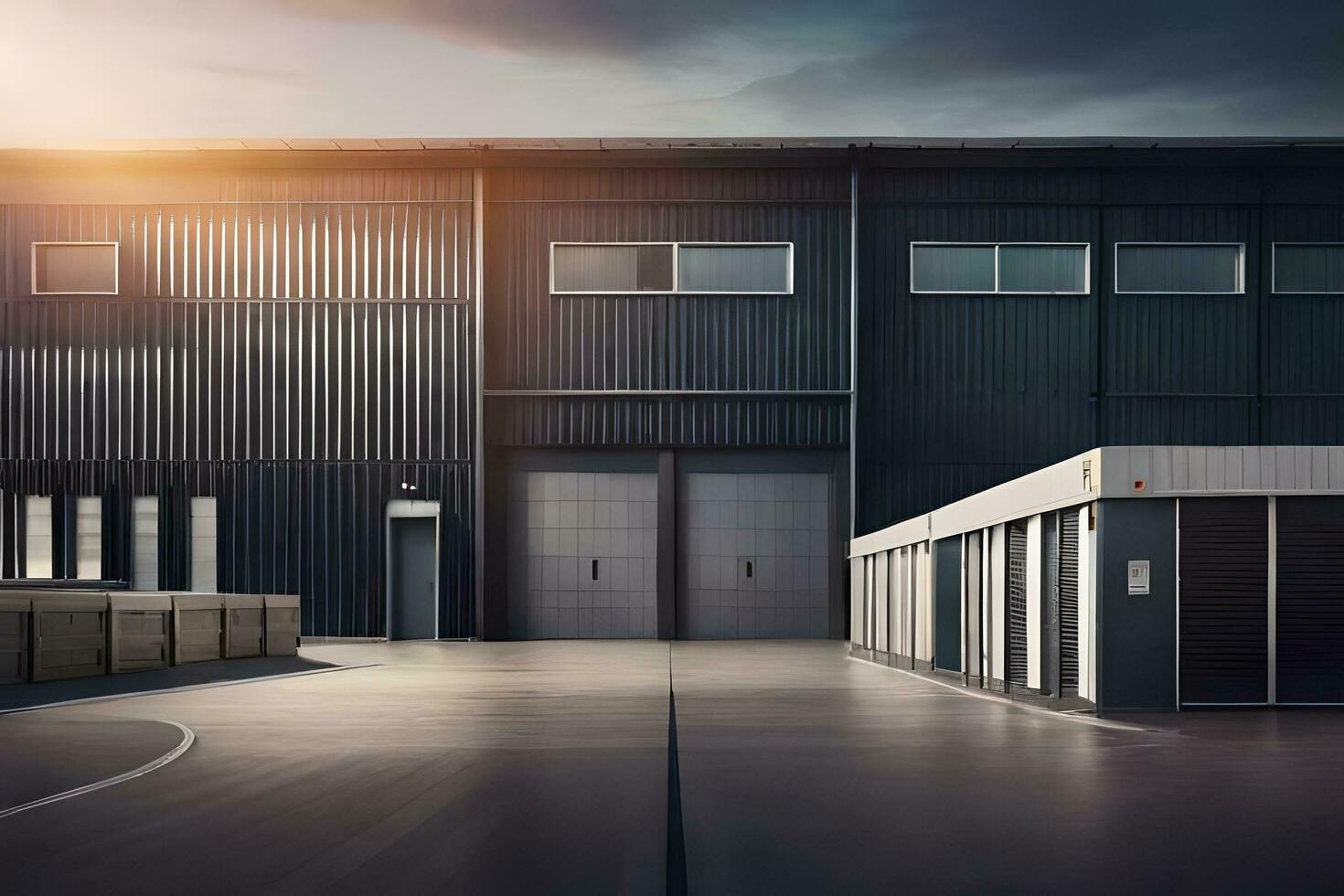 a large warehouse with two doors and a large door. AI-Generated photo