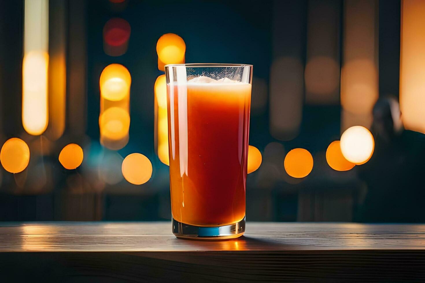 a glass of orange juice sitting on a table. AI-Generated photo