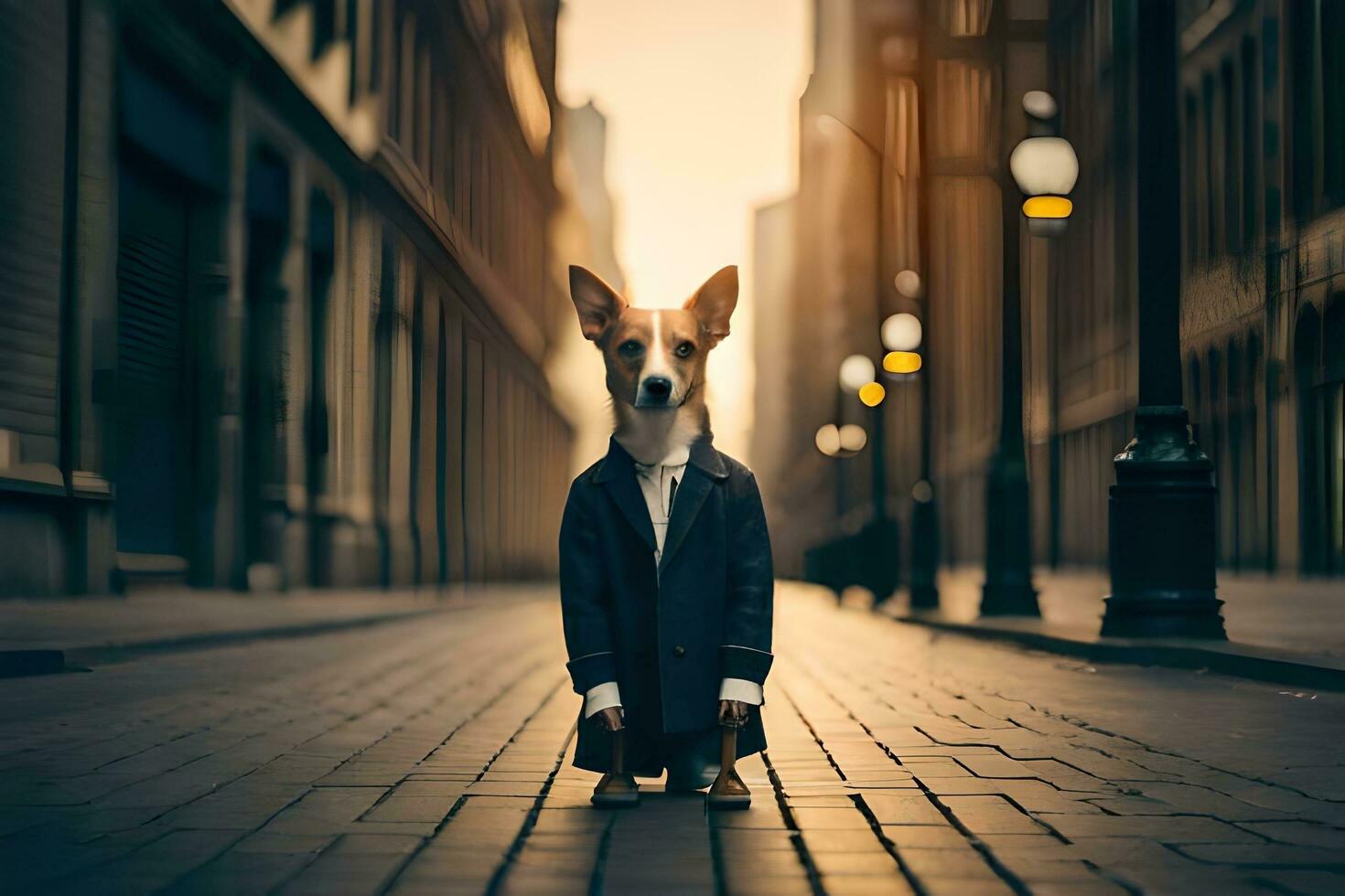 a dog in a suit stands on a street. AI-Generated photo