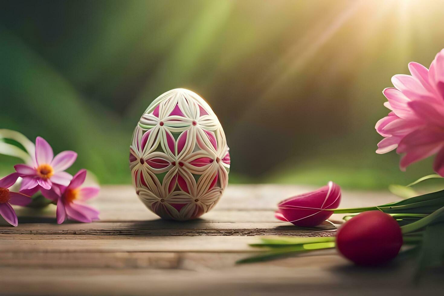easter egg on wooden table with flowers and sun. AI-Generated photo