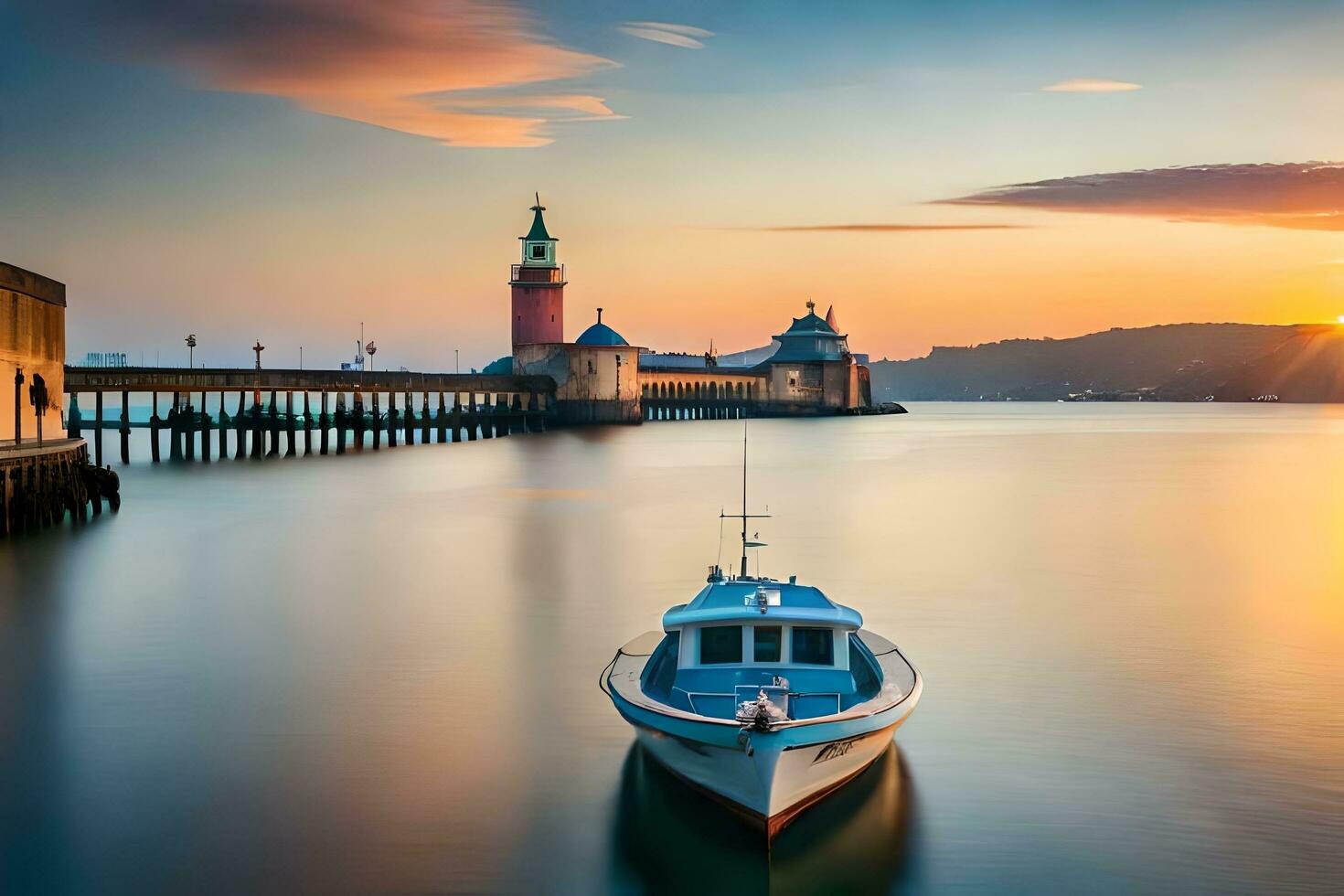 a boat is docked at the pier at sunset. AI-Generated photo