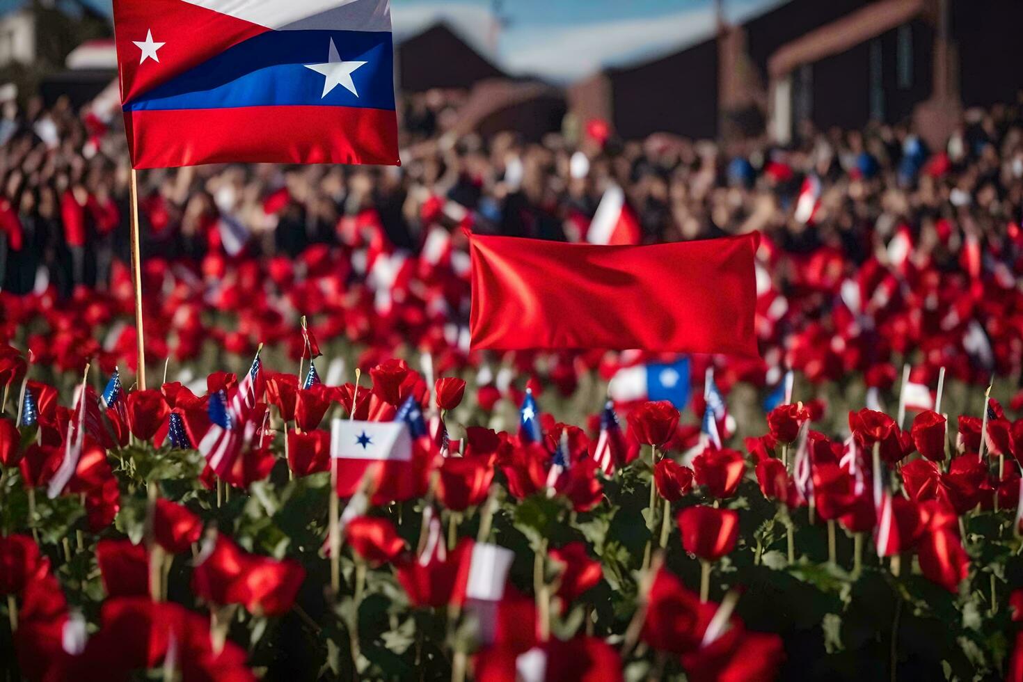 a large crowd of people are standing in front of a field of red flowers. AI-Generated photo