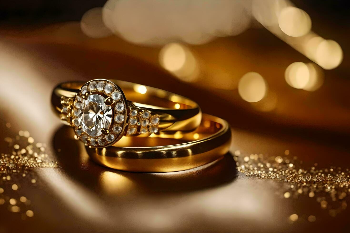 oro Boda anillos en un brillante antecedentes. generado por ai foto