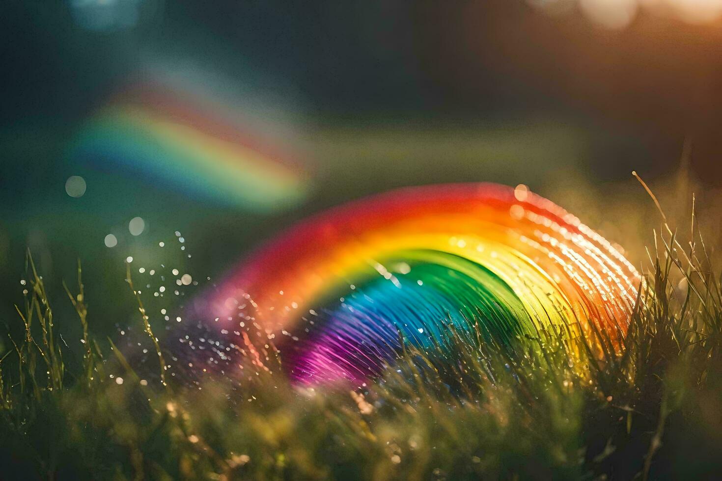 a rainbow is seen in the grass. AI-Generated photo