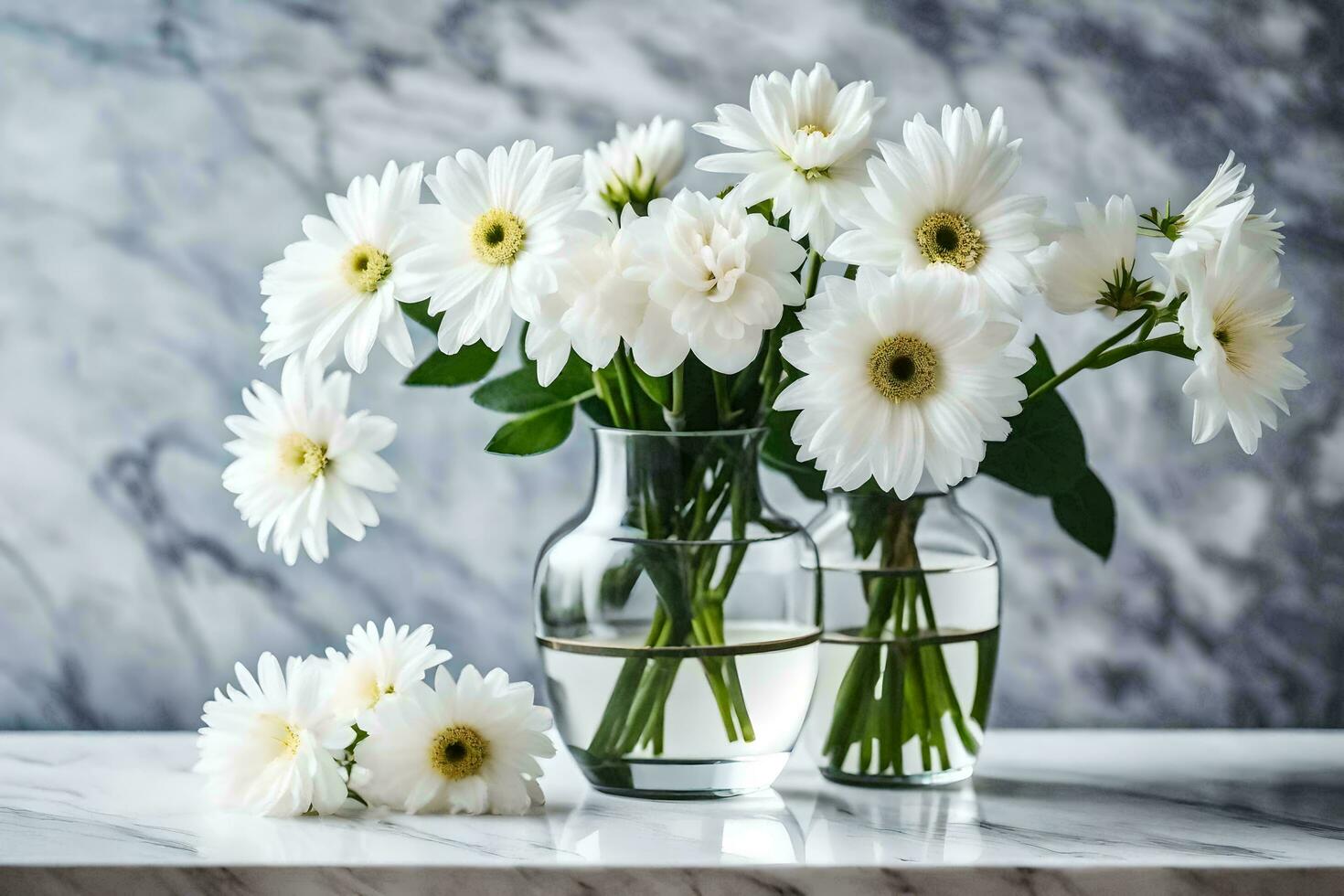 white flowers in a vase on a marble counter. AI-Generated photo