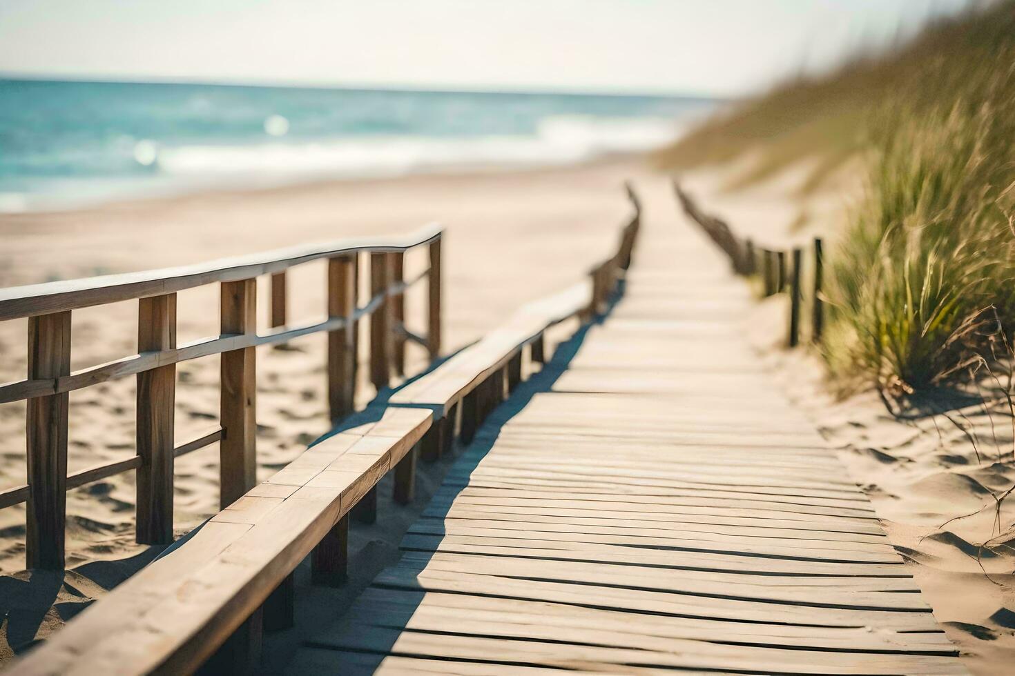 a wooden walkway leads to the beach. AI-Generated photo